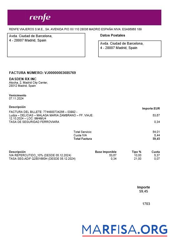 Blank Spain Renfe business utility bill template in Word and PDF formats